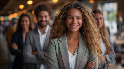 Obraz premium Business people, group and arms crossed in office, face and smile at law firm, justice and diversity. Corporate attorney, advocate and teamwork for men, women and happy together for legal knowledge