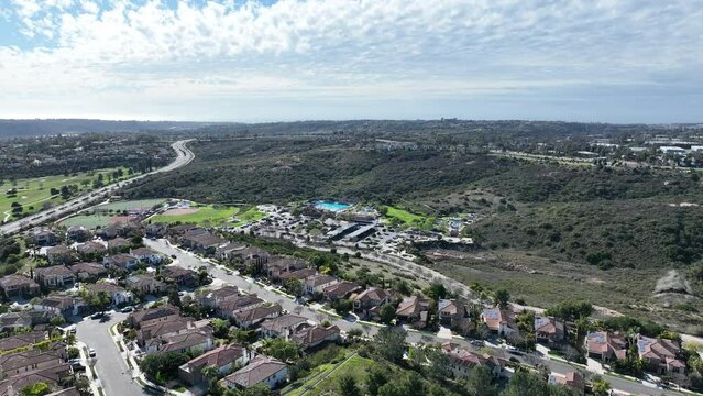 Aerial view of large-scale villa in wealthy residential town of Carlsbad, South California, USA. High quality 4k footage