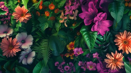 Fototapeta na wymiar Flowers and Foliage Colorful Pattern Spring Su