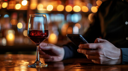 Male hands holding a phone and a glass of wine at the bar, restaurant on the dining table.