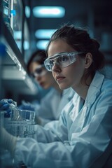 Female lab assistant wearing protective glasses and gloves handling test tubes in scientific...