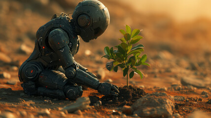 Robot acts like a human trying to plant trees There is only one tree left. The background is a barren land.generative ai