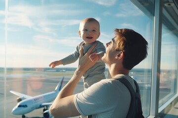 Father lifting child at airport, airplanes in background
