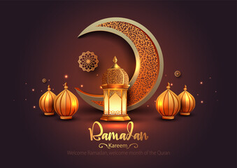 Ramadan Kareem art greetings with golden lantern and dark background. abstract vector illustration design. - obrazy, fototapety, plakaty
