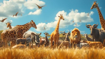 Stoff pro Meter Large group of African safari animals composited together in a scene of the grasslands of Kenya. © Emil