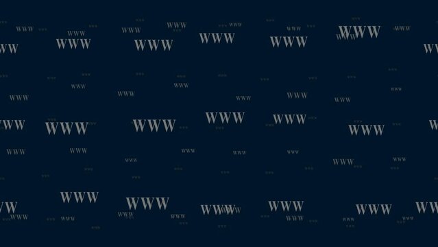 Www symbols float horizontally from left to right. Parallax fly effect. Floating symbols are located randomly. Seamless looped 4k animation on dark blue background