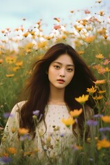 A mesmerizing photo of a Korean model in a field of wildflowers, radiating natural beauty and serenity.