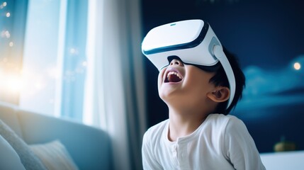 Asian Little boy using VR glasses studying at home, in living room, modern, VR, future, gadgets, technology.