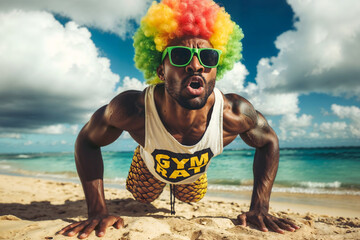 Un hombre negro enérgico con un colorido afro hace flexiones en una playa soleada, irradiando fuerza y vitalidad. - obrazy, fototapety, plakaty
