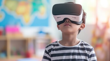Asian Little boy using VR glasses studying at school, in classroom in, VR, future, gadgets, technology.