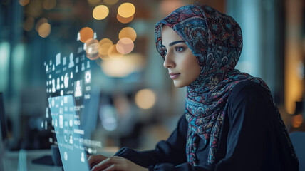 A beautiful short arab project manager working on a computer in the office Augmented Reality social media icons appear on employees' laptops