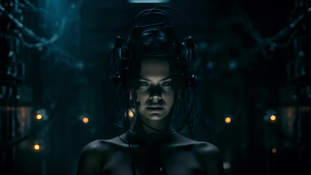 Beautiful cyborg girl on a technological background. Futuristic robot woman. Technology, robotics, artificial intelligence and future concept.