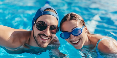 Swimming pool, happy and portrait of friends for sports exercise, workout routine or athlete training. Happiness, water and relax outdoor team, partner or swimmer smile for fitness cardio challenge