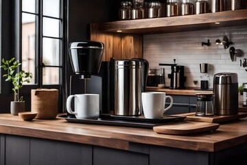 A modern coffee maker machine and a sleek mug tray resting on a polished wooden counter bar adjacent to a window with inviting stools.  - obrazy, fototapety, plakaty
