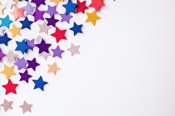 Confetti stars on white background, copy space for advertiser