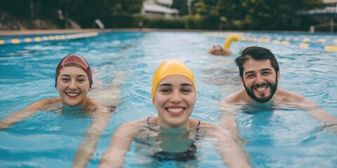 Swimming pool, happy and portrait of friends for sports exercise, workout routine or athlete training. Happiness, water and relax outdoor team, partner or swimmer smile for fitness cardio challenge
