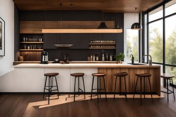 A modern coffee maker machine and a sleek mug tray resting on a polished wooden counter bar adjacent to a window with inviting stools. 