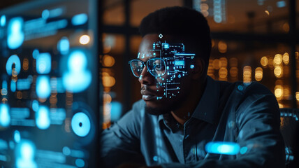 A handsome short black american project manager working on a computer in the office Augmented Reality social media icons appear on employees' laptops,generative ai