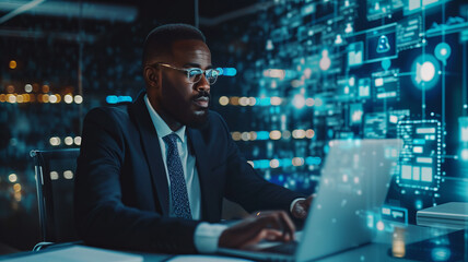 A handsome short black american project manager working on a computer in the office Augmented Reality social media icons appear on employees' laptops,generative ai