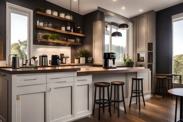 Fototapeta premium A modern coffee maker machine and a sleek mug tray resting on a polished wooden counter bar adjacent to a window with inviting stools. 