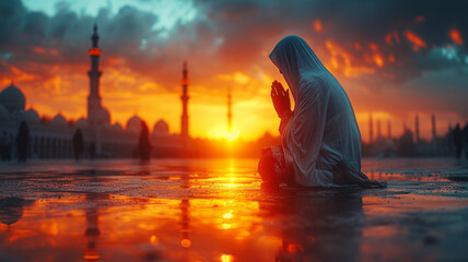 a muslim on their knees praying, generative ai - obrazy, fototapety, plakaty