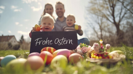 Eine glückliche Familie an einem sonnigen Tag zu Ostern und einer kleinen Tafel mit der Aufschrift "Frohe Ostern".