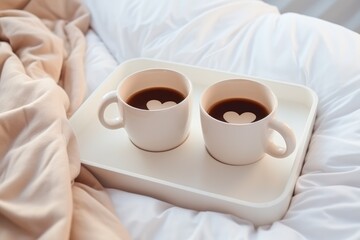 Coffee in mugs on a tray lie on a white bed in the morning