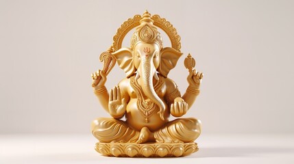 Golden Lord Ganesha Sculpture on White Background	