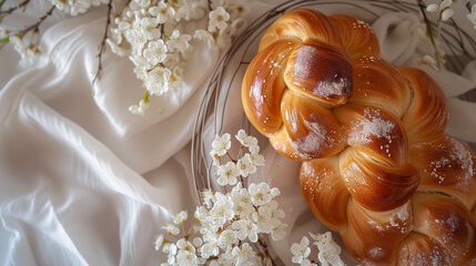 Beautiful composition with Greek Tsourek Easter dish, branches of white cherry blossom flowers on an elegant background of white flowing fabrics