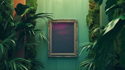 Vintage framed mockup on a vibrant green wall surrounded by lush tropical foliage.