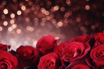 Dark red roses background with luminous abstract bokeh, Valentine's day, Mother's day, Women's Day and love concept