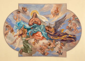  BARI, ITALY - MARCH 3, 2022: The ceilin fresco of Virgin Mary in the glory in the church Chiesa di San Antonio by Mario Colonna (1989). © Renáta Sedmáková