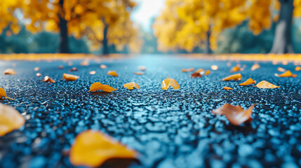 Autumnal Road Scene, Wet Pavement and Colorful Leaves in Ottawa, Canada, Rainy Day Perspective