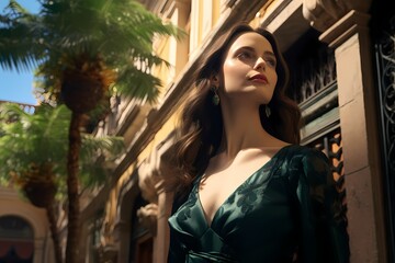 Fototapeta na wymiar Palma de Mallorca's iconic locations provide the backdrop for an elegant girl, resembling Eva Green, radiating joy and confidence in a 4K cinematic portrait captured from below.