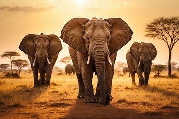 Serene Scene of Elephants Grazing Peacefully in the Savannah, Wildlife Observation, Harmony in Nature - Generative AI