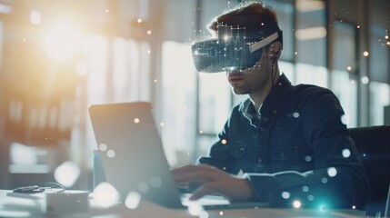 Businessmen using VR glasses to view financial documents, graphs, and tables online, financiers inside the office at the workplace, modern, VR, future, gadgets, and technology. - Powered by Adobe