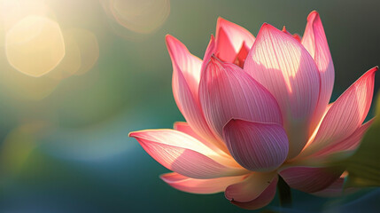 The ethereal beauty of a backlit lotus flower with its pink petals glowing in the sunlight. - obrazy, fototapety, plakaty