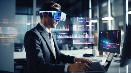 Businessmen using VR glasses and laptops on work desks to view financial documents, graphs, and tables online, financiers inside the office at the workplace, future, gadgets, neon sty. - obrazy, fototapety, plakaty