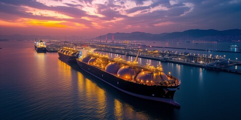 Aerial View Of An Lng Carrier Docked At A Gas Terminal During A Fuel Crisis And Sanctions. Concept Fuel Crisis & Sanctions, Aerial View, Lng Carrier Docked, Gas Terminal, Global Energy Situation - obrazy, fototapety, plakaty