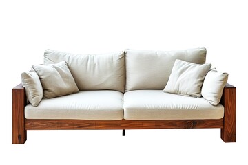 2 seat fabric beige color sofa comfy with wood legs on white background. front view. isolate background.