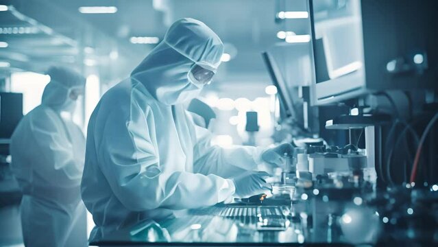 Data scientists work in a modern laboratory of a technology company on the development of a quantum computer. Science, technology, big data concept.