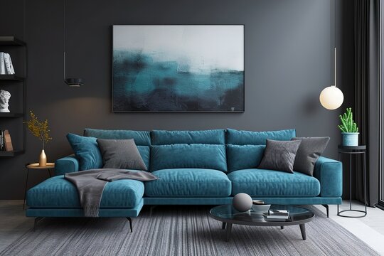 3d render of a dark grey living room with a turqoise sofa and an art canvas.
