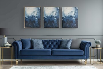 An elegant navy blue sofa in the middle of a bright living room interior with gold metal side tables and three paintings on a gray wall. Real photo.