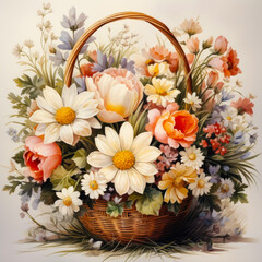Watercolour spring illustration, basket with delicate flowers in pastel tones, isolated on white background