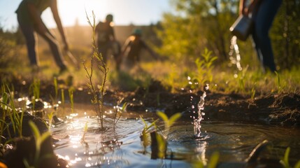 Sunlit water droplets in focus with blurred workers planting in the background, a scene of agricultural teamwork at dawn
