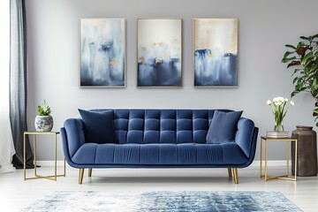 An elegant navy blue sofa in the middle of a bright living room interior with gold metal side tables and three paintings on a gray wall. Real photo.