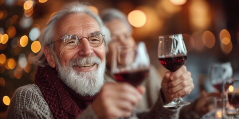 Elderly Friends Enjoying A Warm Winter Gathering Raising Glasses In Celebration. Concept Winter Gathering, Elderly Friends, Raising Glasses, Celebration, Warm Atmosphere