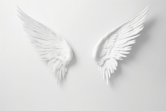 White plaster wings on white background with copy space, Valentine's day, Mother's day, Women's Day and love concept