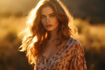 Effortless beauty radiates as a model poses in casual attire, bathed in the warm hues of a golden hour sun.
