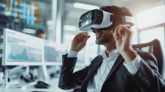 Businessmen using VR glasses to view financial documents, graphs, and tables online, financiers inside the office at the workplace, modern, VR, future, gadgets, and technology.
